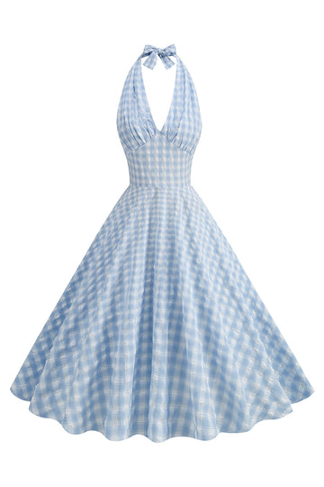 Halter Blue rutete 1950-tallskjole med sløyfe